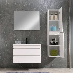 Cube Fürdöszobabútor 80 cm kerámia mosdóval (2 fiókos) tükörrel 60x80 cm magasfényü festett fehér Komplett fürdöszoba butor