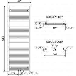 Mexen Pluton Fürdöszobai radiátor 1700 x 600 mm, 980 W, fehér - W106-1700-600-00-20 Törölközö száritó radiátor Törölközö száritó radiátor Fürdöszobai radiátor