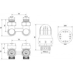 Mexen G04 termosztatikus kettõs csõ DN50 készlet, szögletes 1/2x16 mm, nikkel - W911-016-948-01 Termosztatikus fej készletek Termosztatikus fej készletek 500051 Mexen